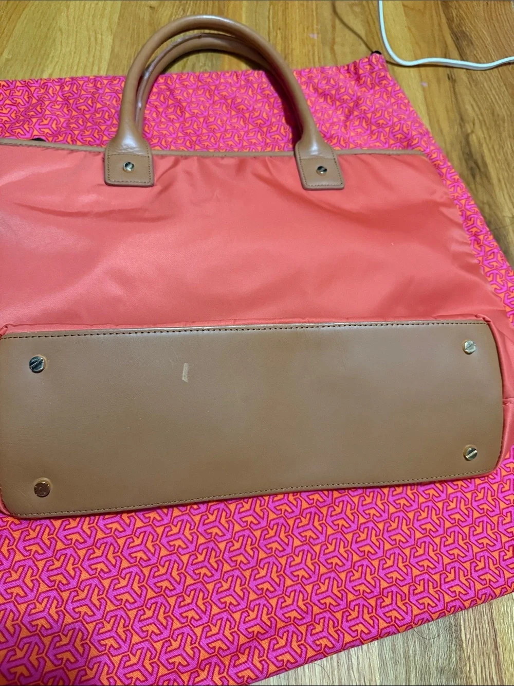 Tory Burch Coral Nylon Tote with Tan Leather Handles